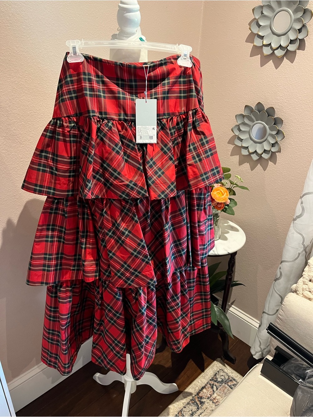 ANTONIO MELANI Red and Green Plaid Tiered Girls Dress